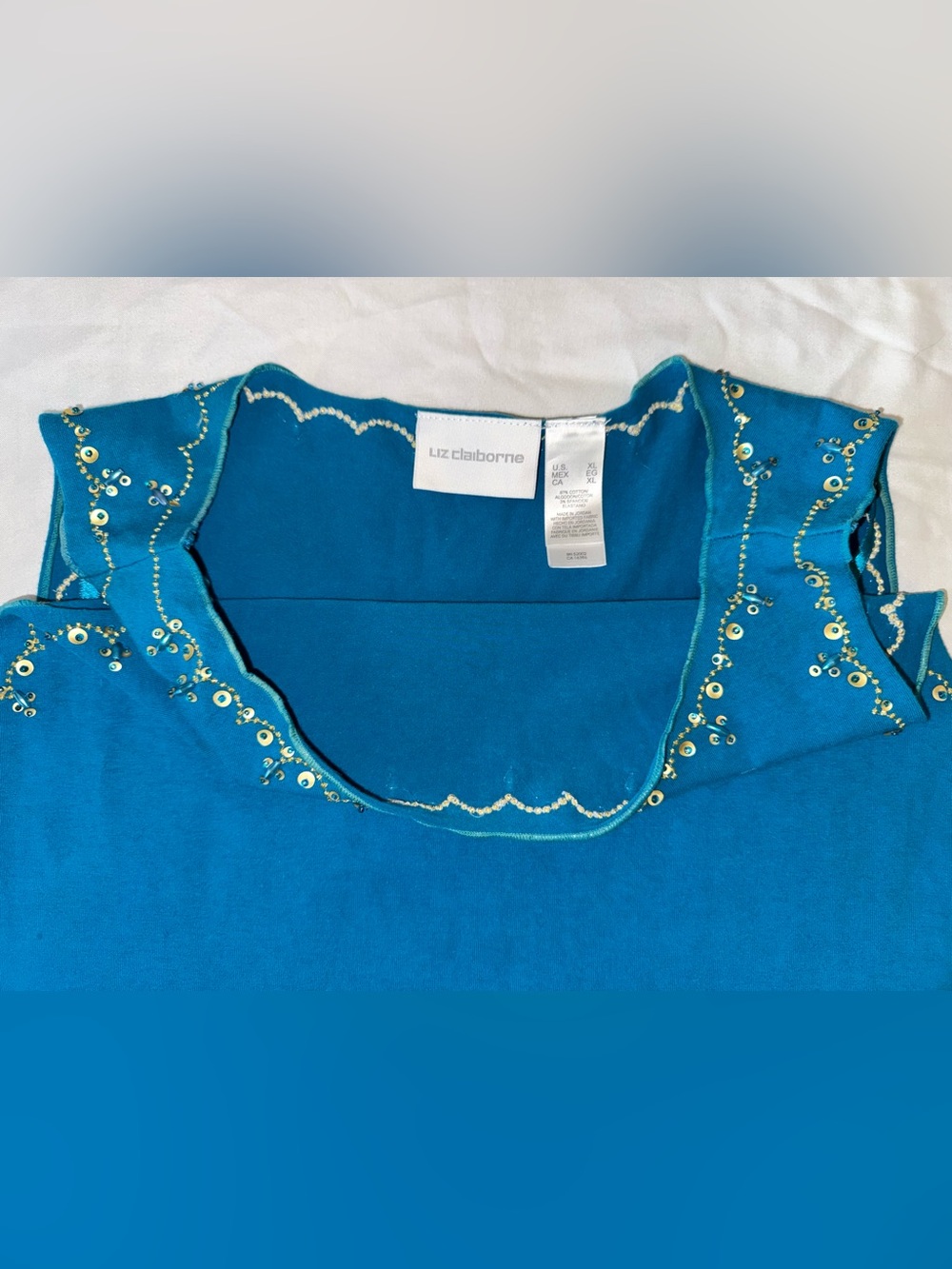 Vintage 90s Liz Claiborne Turquoise Blue Embellished Tank Top - XL - Picture 2 of 11